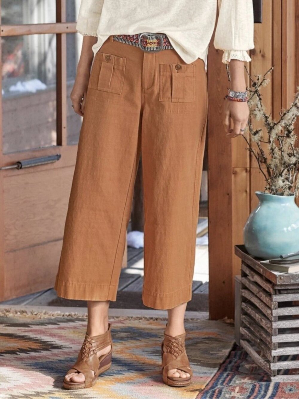 Sundance Voyager 100% Cotton Twill Cropped Wide Leg Trousers Brown Size 12